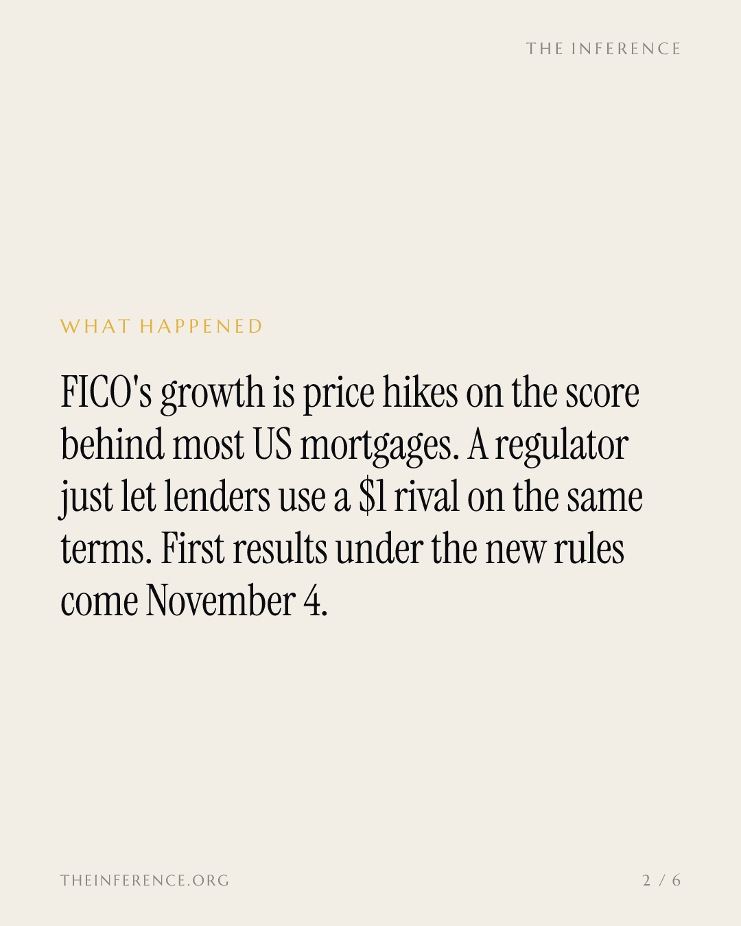 FICO's growth is one fee, and the FHFA put a $1 rival score on the same pricing grid — slide 1