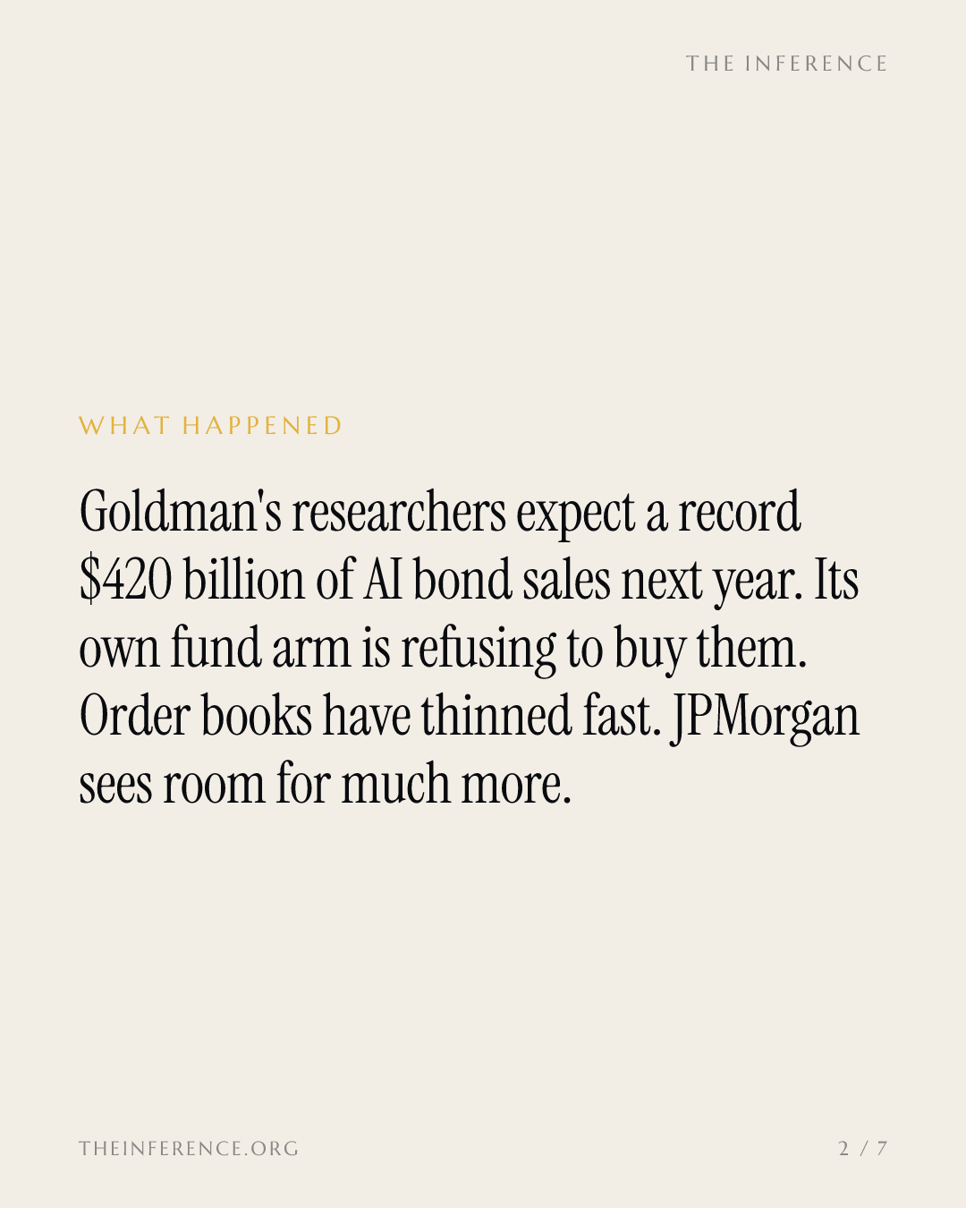 Goldman's fund desk is underweight the $420 billion AI debt wave Goldman itself forecasts — slide 1