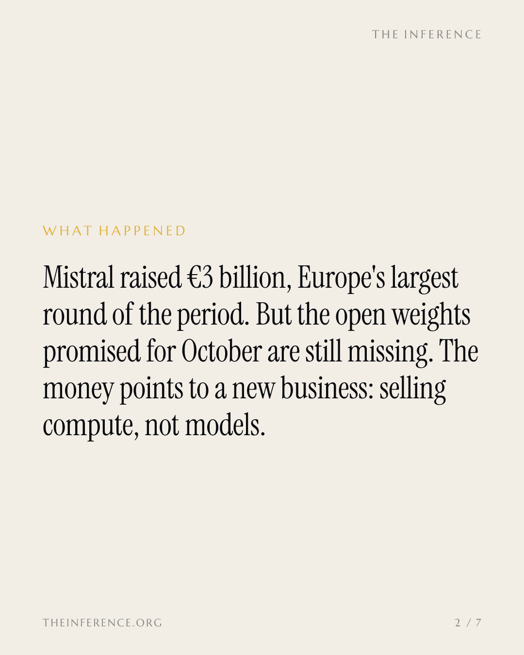 Mistral's €3 billion round funds a pivot from open models to selling compute, with Nvidia on both sides — slide 1