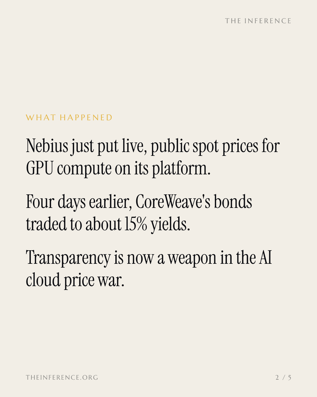 Nebius posts live GPU spot prices days after CoreWeave's bonds hit 15% yields — slide 1