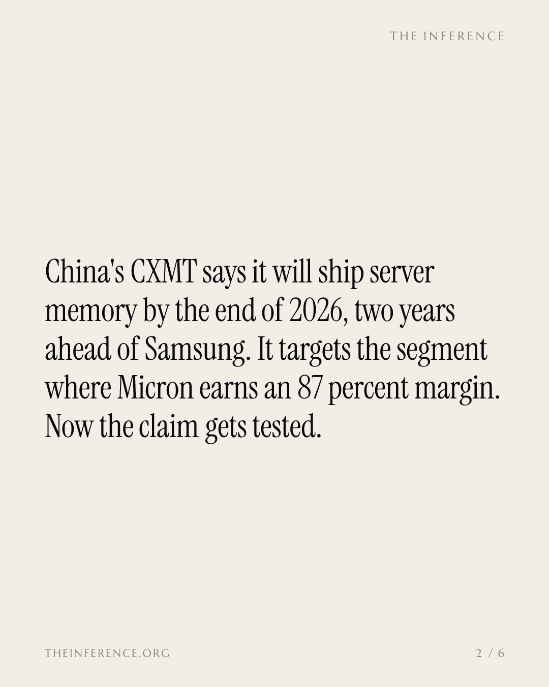 CXMT says server DRAM ships in 2026, two years ahead of Samsung, landing on Micron's 87% margin — slide 1