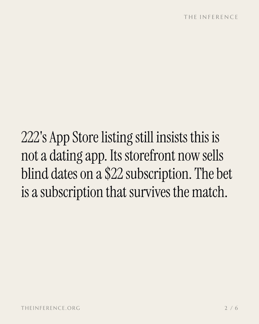 222's App Store says 'this is not a dating app.' Its storefront sells blind dates on a $22 subscription — slide 1