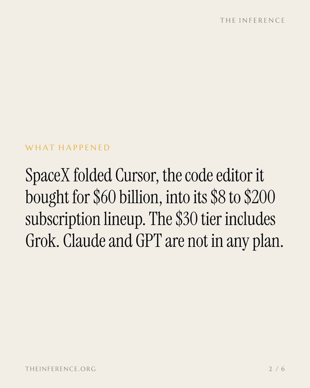 SpaceX paid $60 billion for Cursor, now bundled at $30 a month that excludes Claude and GPT — slide 1