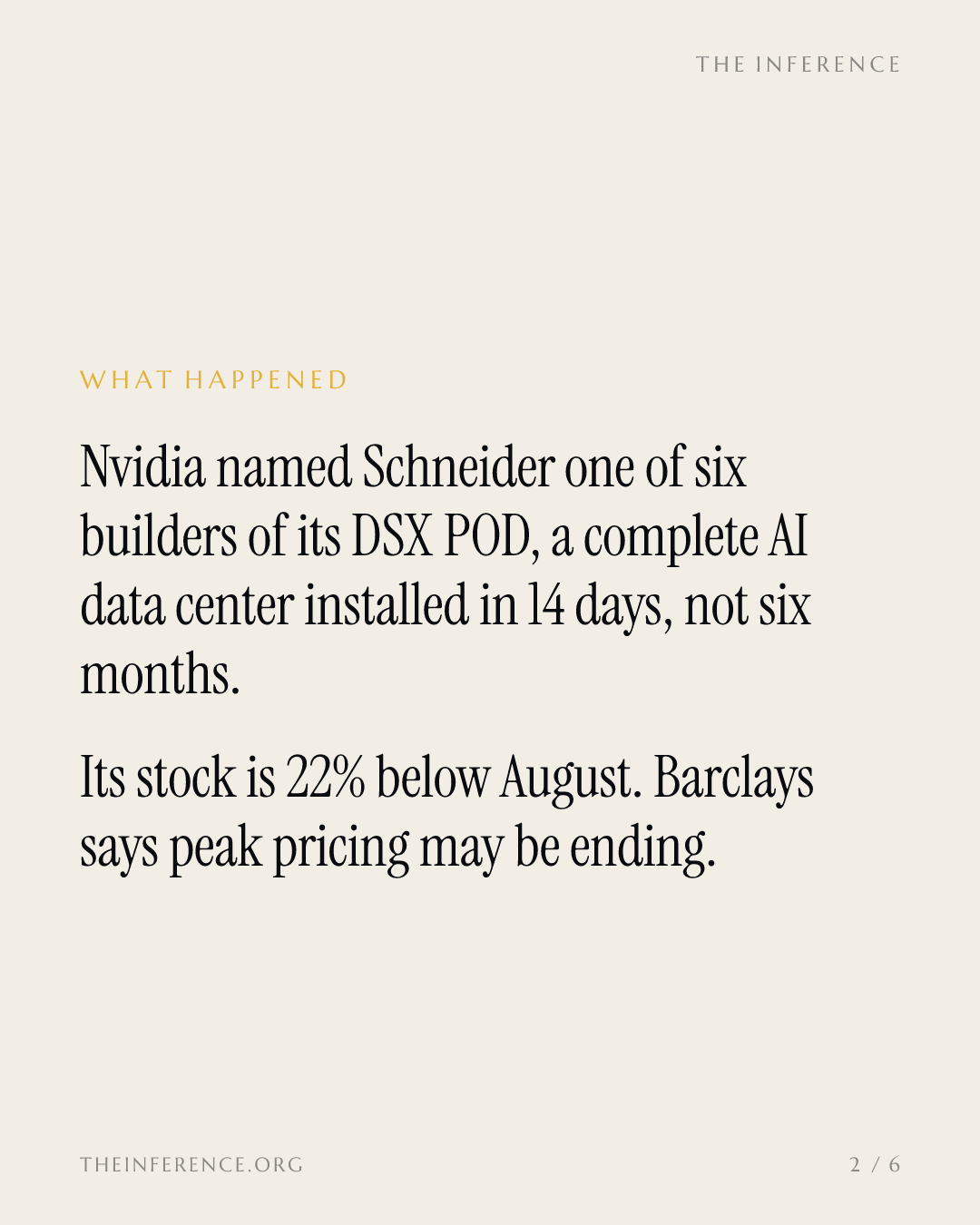 Nvidia picked Schneider Electric to build 14-day AI data centers as Barclays warns peak pricing may end — slide 1