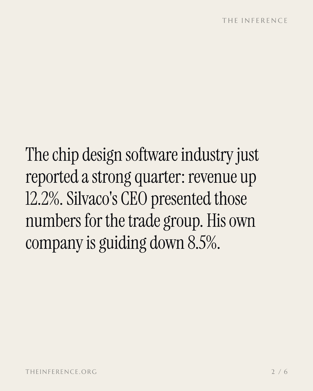 Chip design software grew 12.2% in Q2. Silvaco, whose CEO read the numbers, guides down 8.5% — slide 1