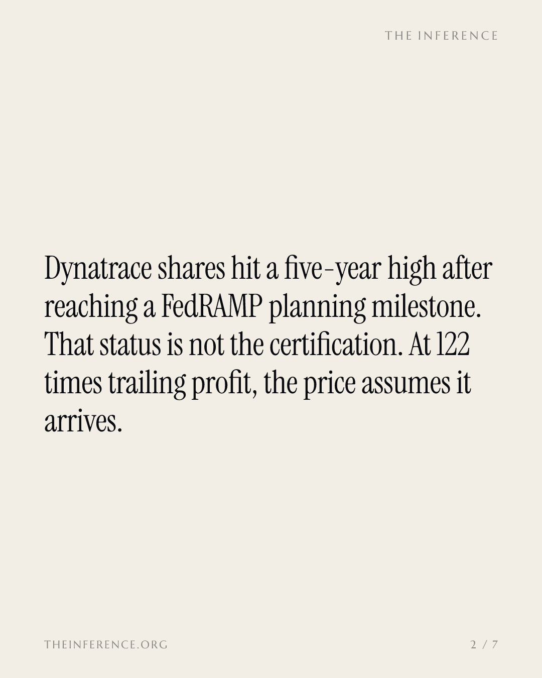 Dynatrace hit a five-year high on a federal certification it has not received, at 122 times trailing profit — slide 1