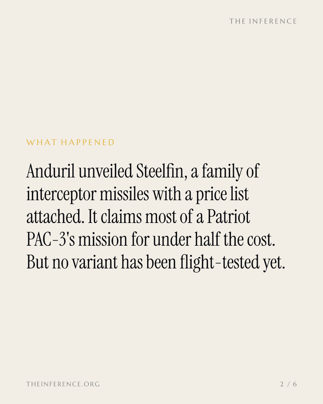 Anduril pitches Steelfin at less than half Lockheed Martin's PAC-3 MSE cost; no variant has flown — slide 1