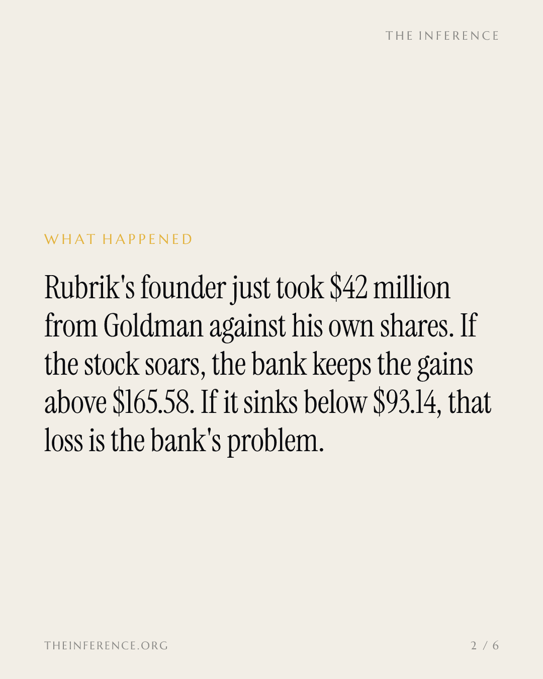 Rubrik's founder took $42 million upfront from Goldman and capped his own upside at $165.58 — slide 1
