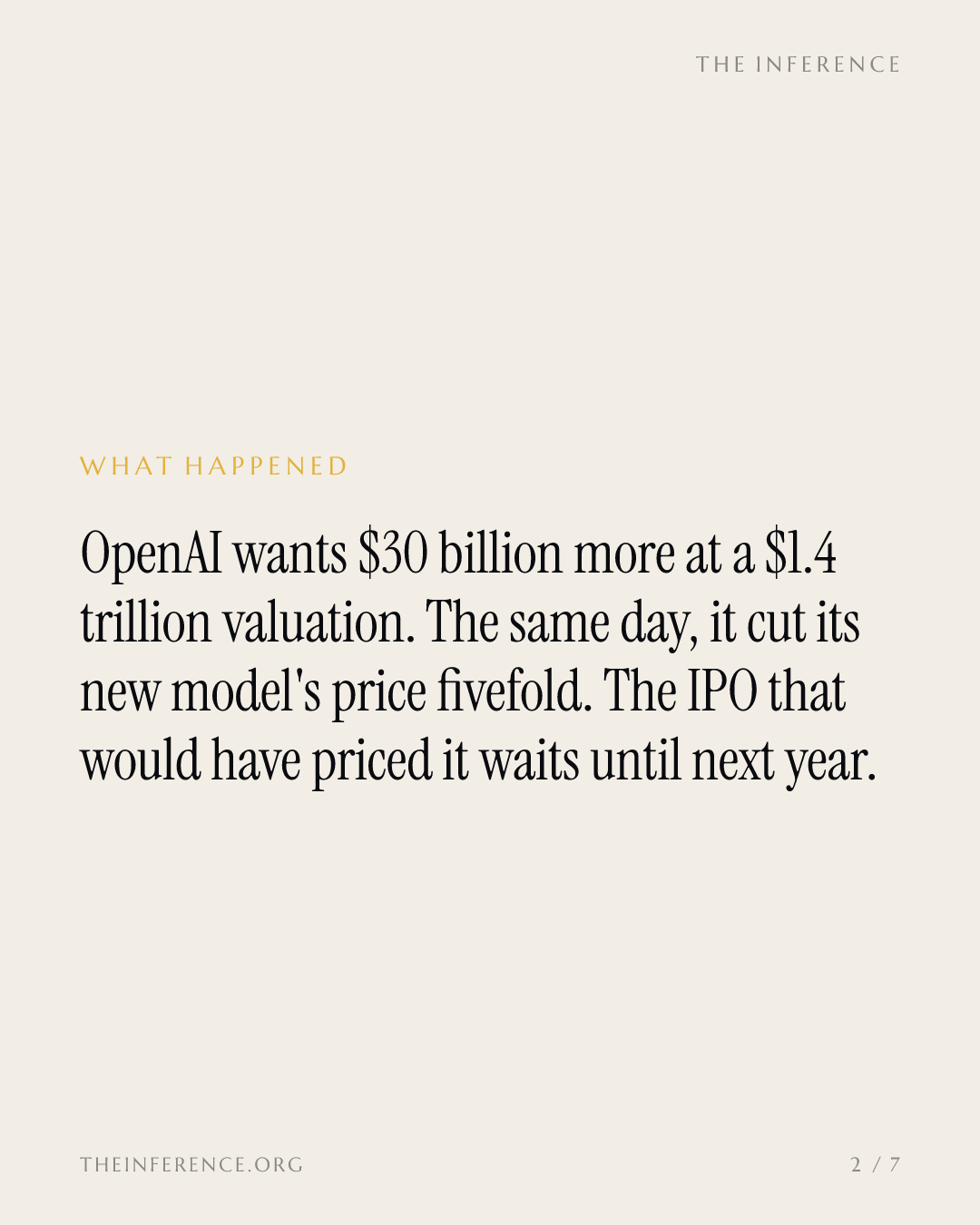 OpenAI seeks $1.4 trillion the same day it cut the price of intelligence fivefold — slide 1