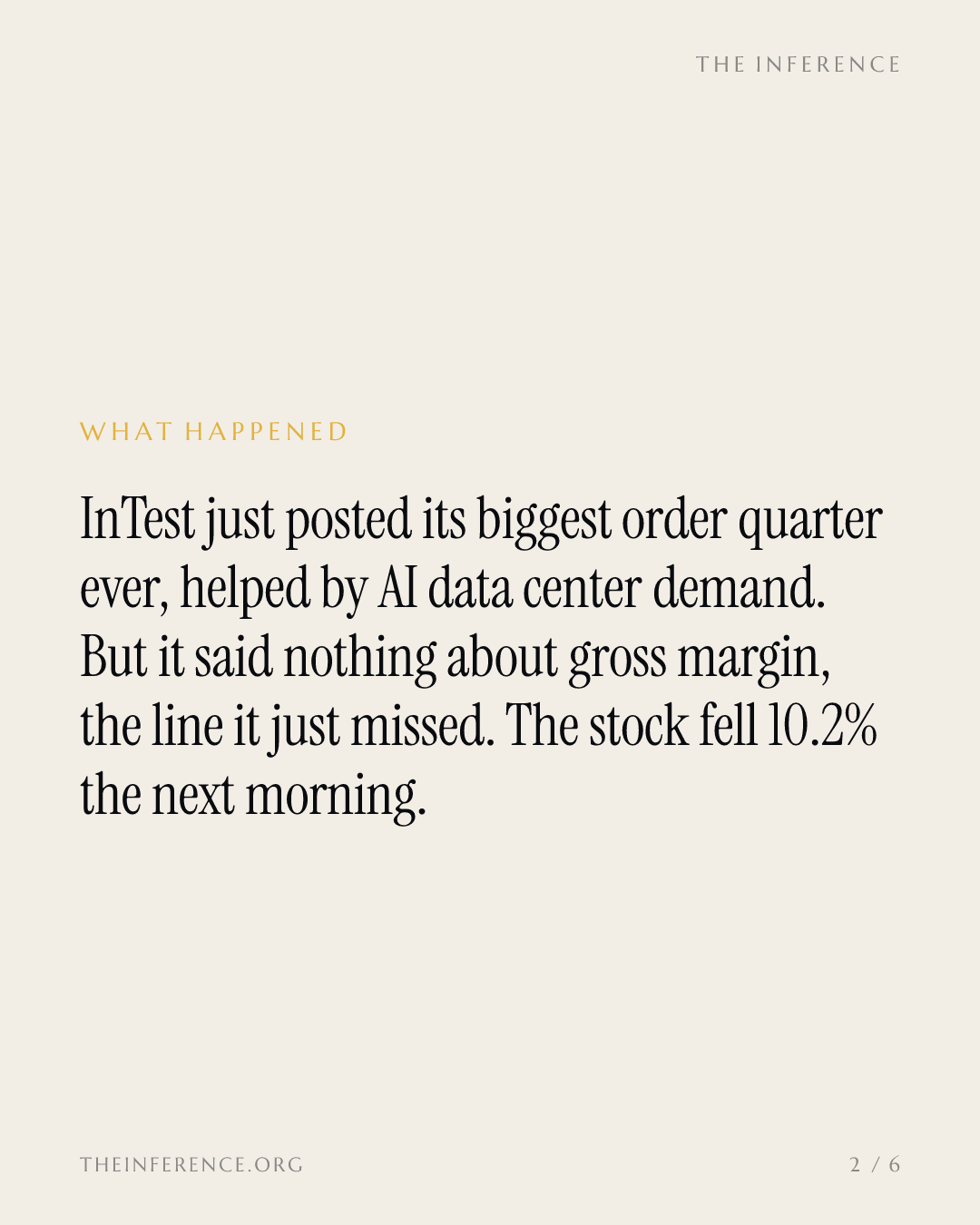 InTest's record order quarter left out gross margin, and the stock dropped 10% — slide 1