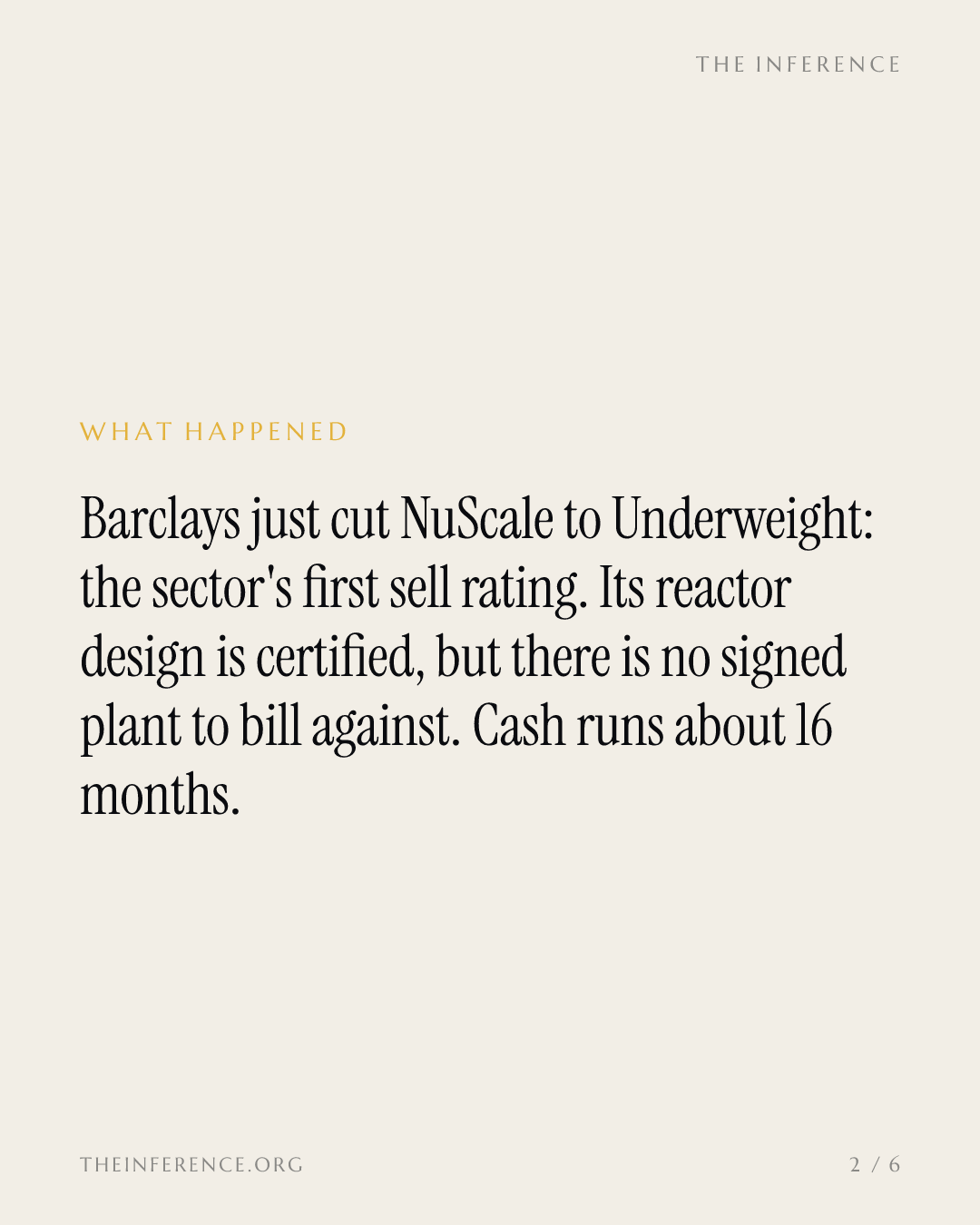 Barclays cuts NuScale to Underweight with a $5 target; 16 months of cash, no plant contract — slide 1
