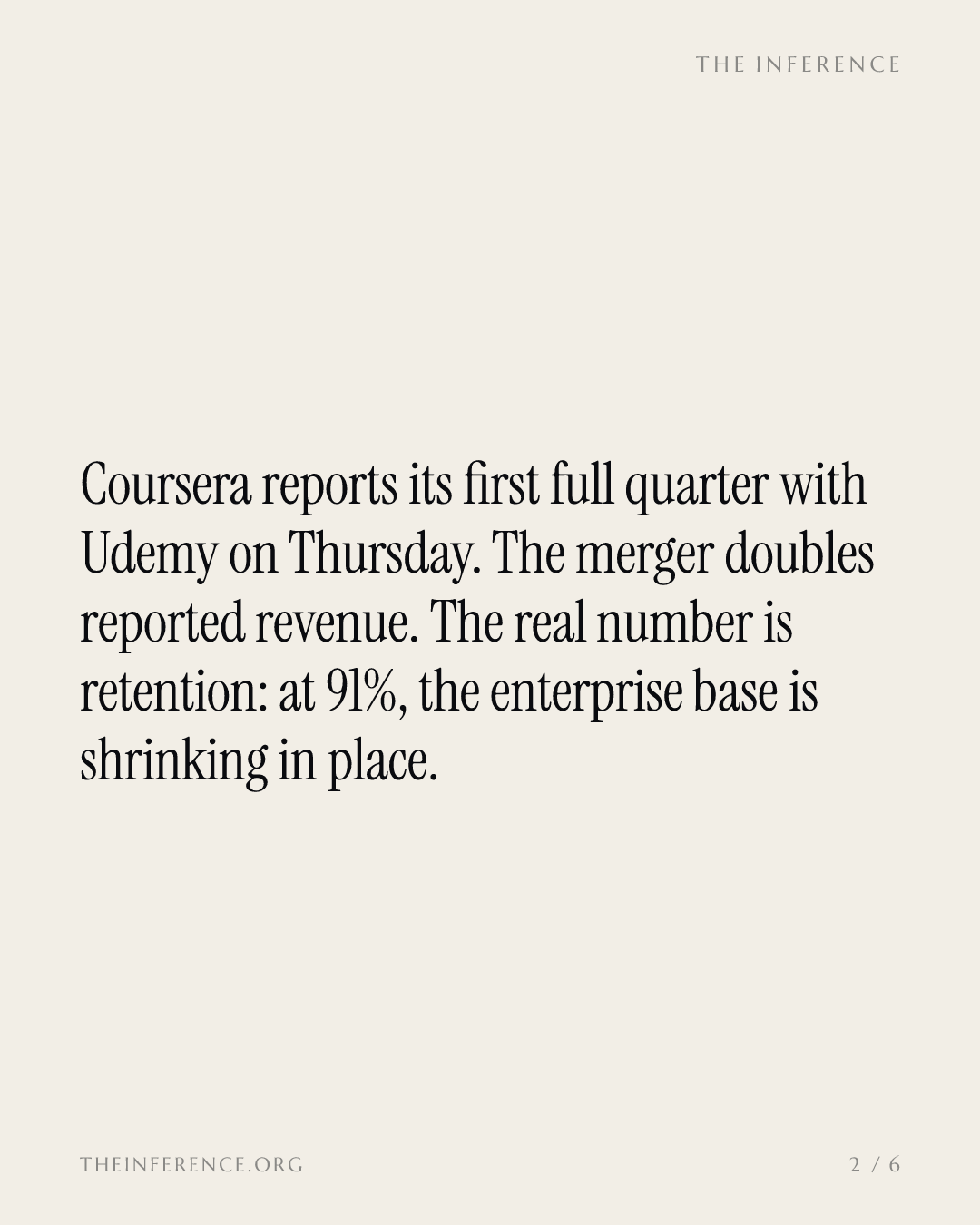 Coursera's enterprise base is shrinking at 91% retention as its first Udemy quarter lands Thursday — slide 1