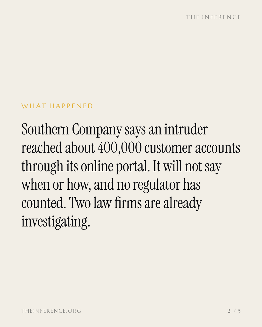 The only count of Southern Company's breach is its own: about 400,000 accounts, no date, no cause — slide 1