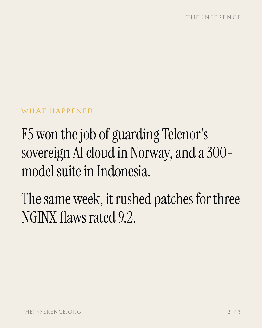 F5 lands Telenor's sovereign AI contract, then patches three 9.2-severity NGINX flaws — slide 1