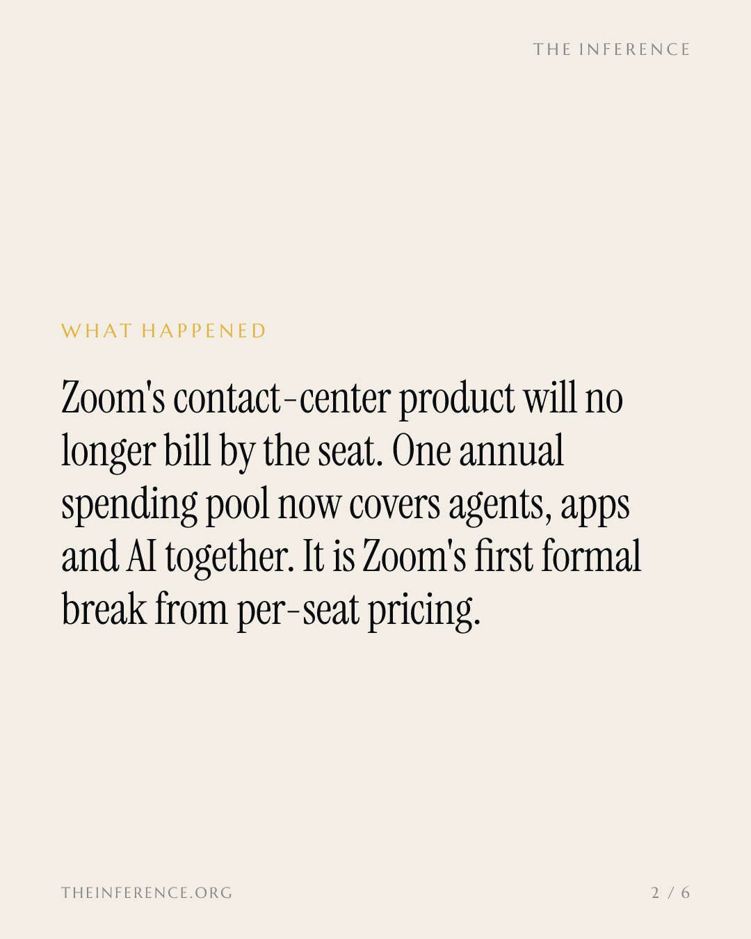 Zoom moves Zoom CX billing from seats to one annual spend pool, its first break from per-seat pricing — slide 1