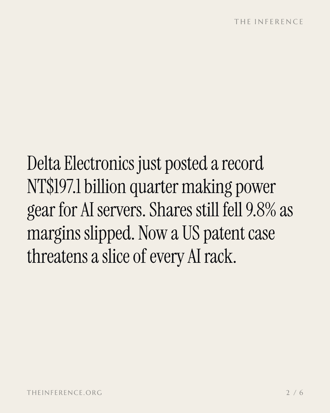 Delta Electronics set a record NT$197.1 billion quarter; Vicor's ITC case targets the same AI server modules — slide 1