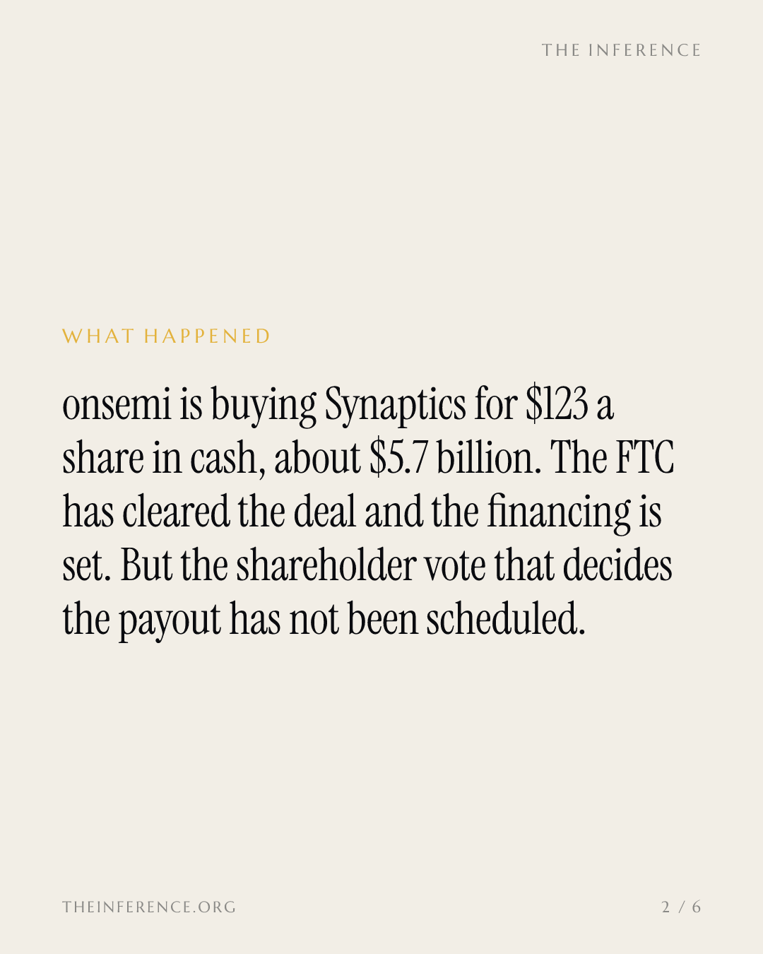 Synaptics' $5.85 spread to onsemi's $123 cash offer waits on an unscheduled shareholder vote — slide 1