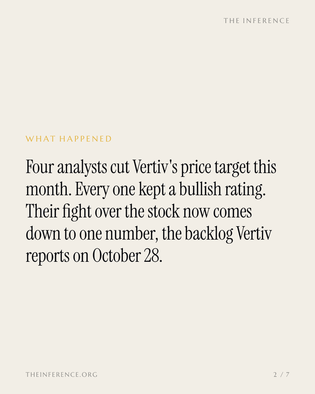 Four analysts cut Vertiv's target in a week, none downgraded; the Oct. 28 backlog decides the argument — slide 1