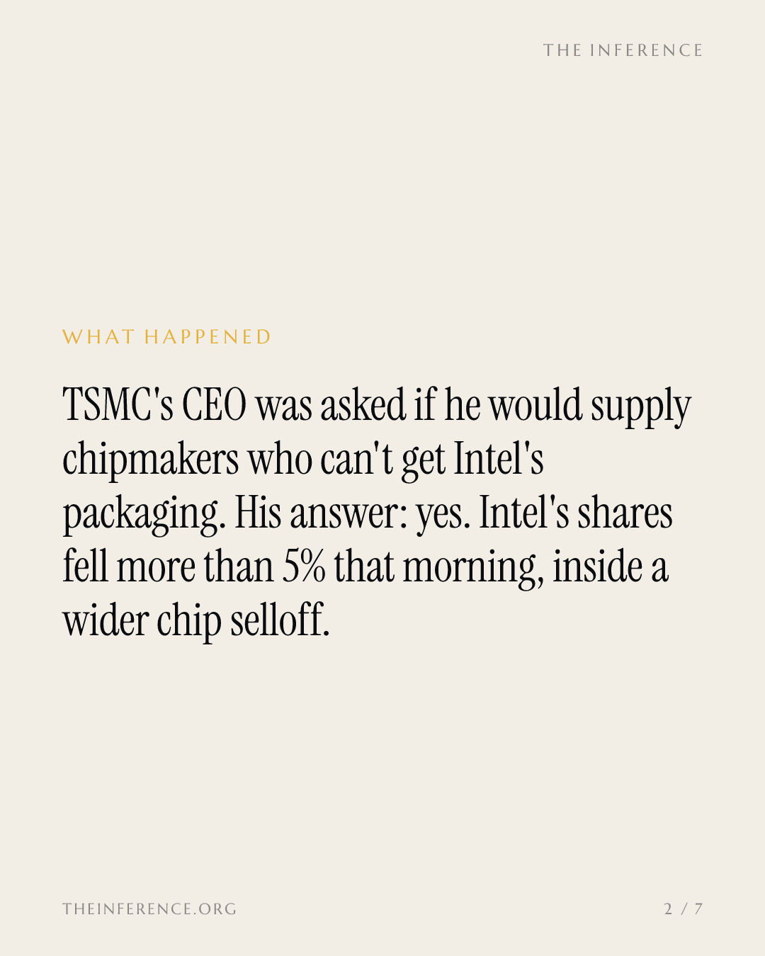 Intel fell 5% the day TSMC's CEO offered to take its chip packaging customers — slide 1
