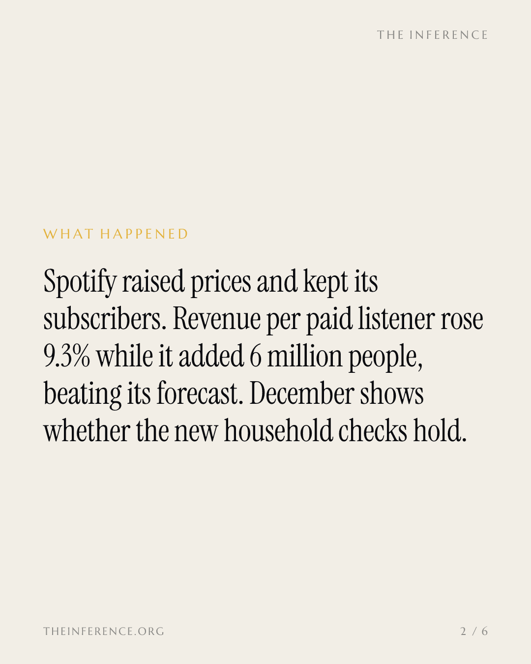 Spotify raised prices and subscribers stayed: ARPU up 9.3%, with December churn as the real test — slide 1