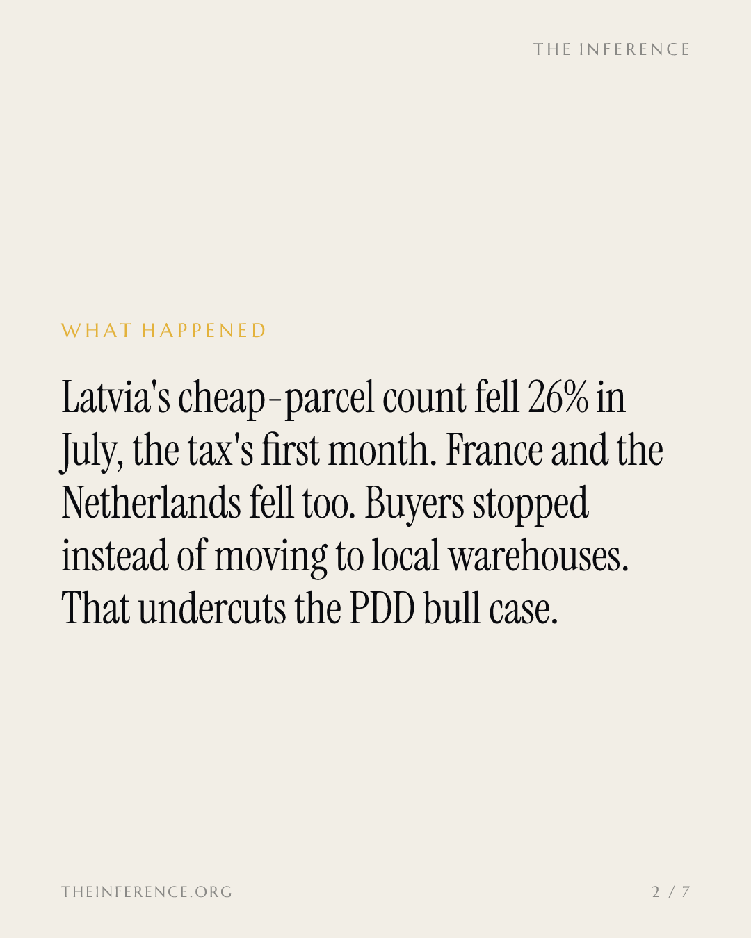 Latvia's post-duty parcel count fell 26% in July, and PDD bulls say Europe replaces the US loophole — slide 1