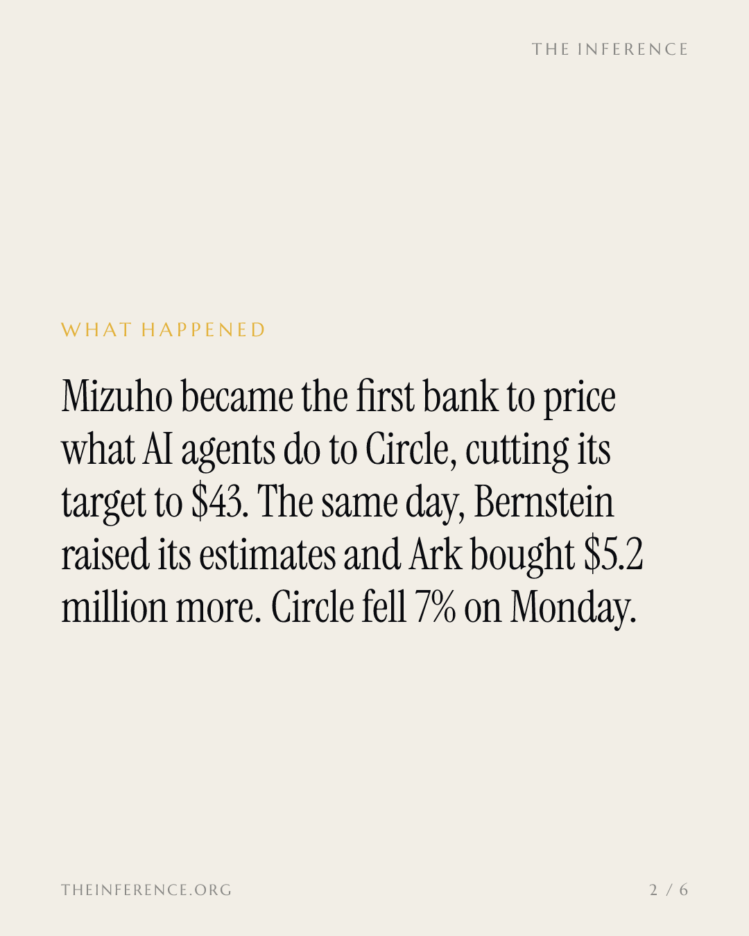 Mizuho cuts its Circle target to $43 on AI agent risk while Bernstein and Ark pushed back — slide 1