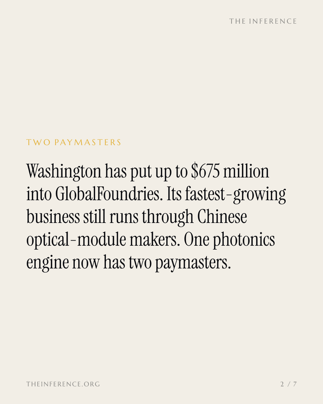 Washington funds GlobalFoundries' onshore photonics while China's module makers fund its margins — slide 1
