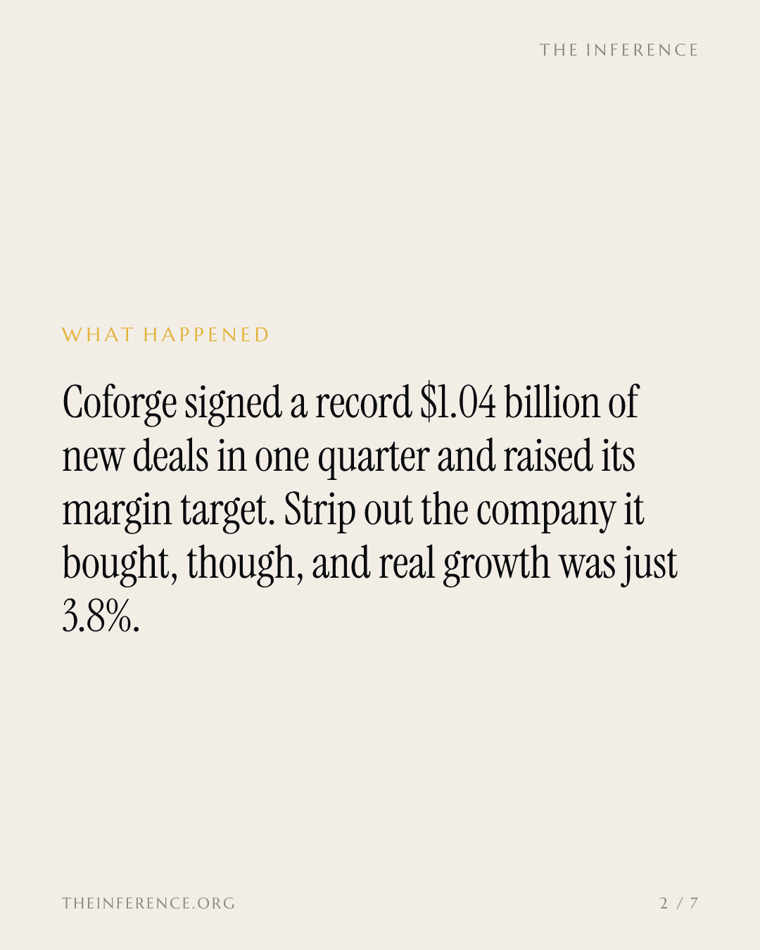 Coforge signed a record $1.04 billion in deals on 3.8% organic growth and raised margin guidance to 16% — slide 1