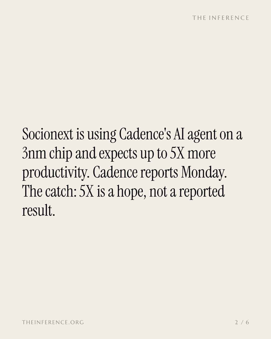 Socionext expects up to 5X productivity from Cadence's AI agent on a 3nm chip; Cadence reports October 26 — slide 1