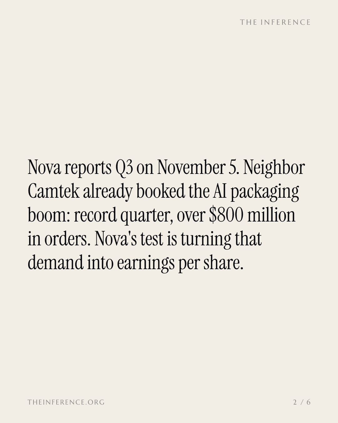 Nova reports November 5 into a booked AI packaging boom; earnings must outgrow the share count — slide 1