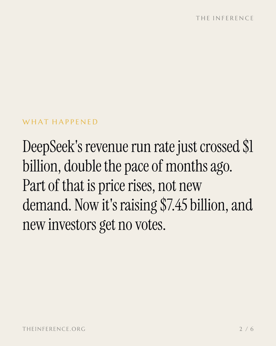DeepSeek Doubles Revenue to $1B, Then Passes the Bill to Investors With No Votes — slide 1