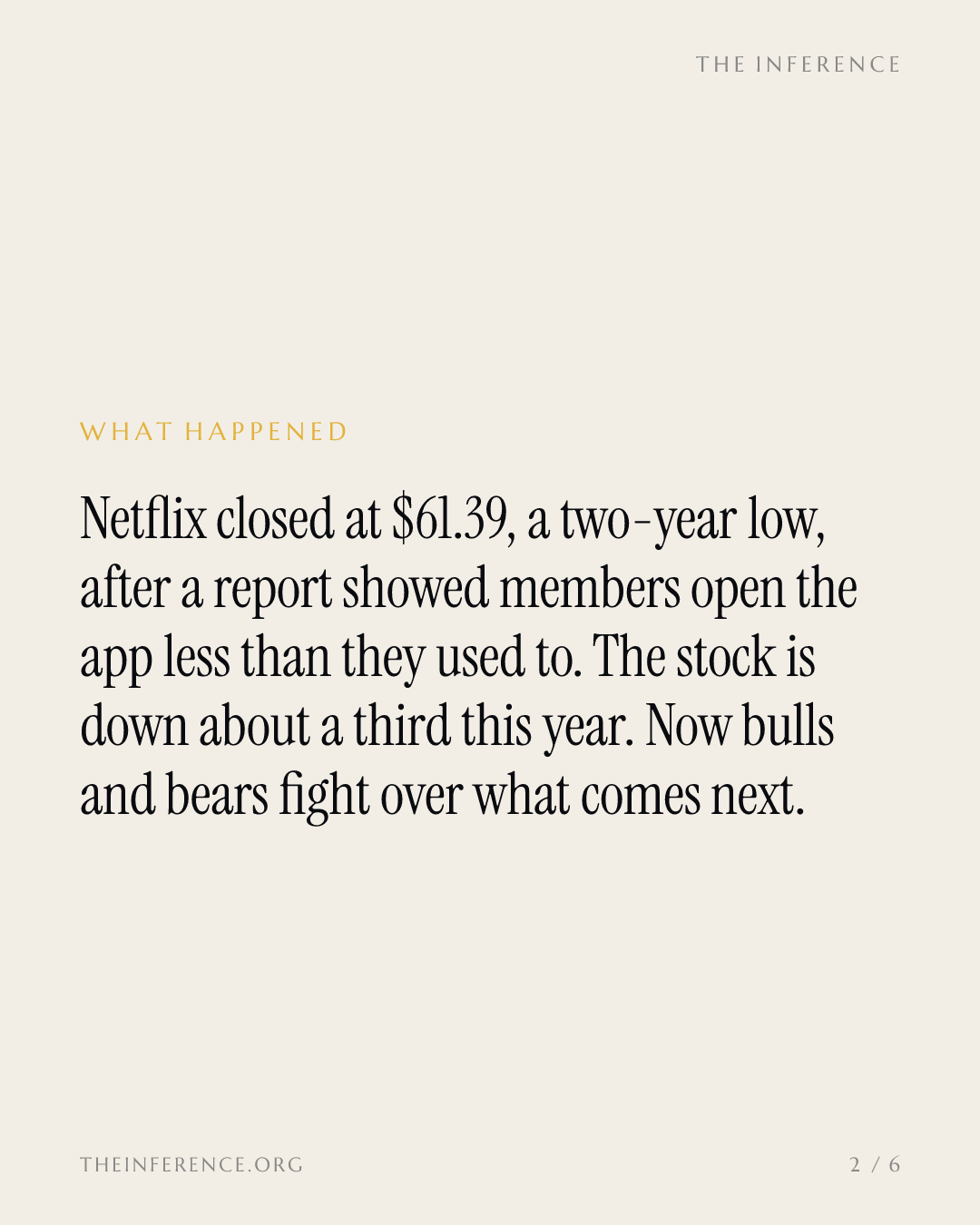 Netflix at a two-year low of $61.39: $12 billion of cash against fewer app opens — slide 1