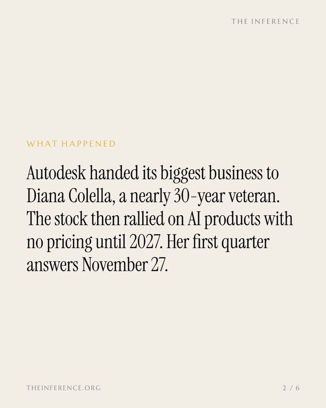 Autodesk named Diana Colella to run its biggest segment, half its revenue, with AI prices not due until 2027 — slide 1
