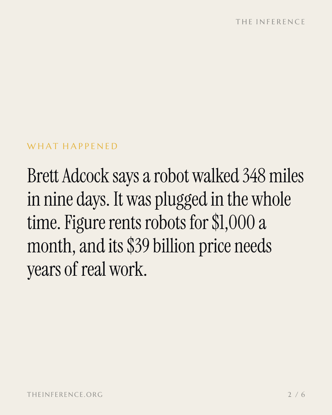 Figure's founder says its robot walked 348 miles on a cord; the $39 billion mark rests on rented robots — slide 1