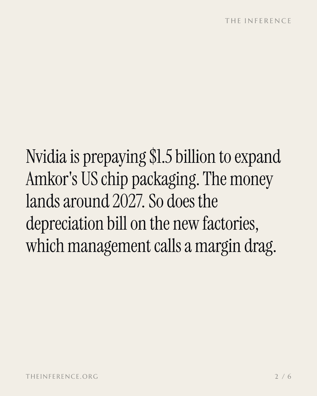 Nvidia pays $1.5 billion toward Amkor's US packaging build; Amkor's depreciation bill starts in 2027 — slide 1