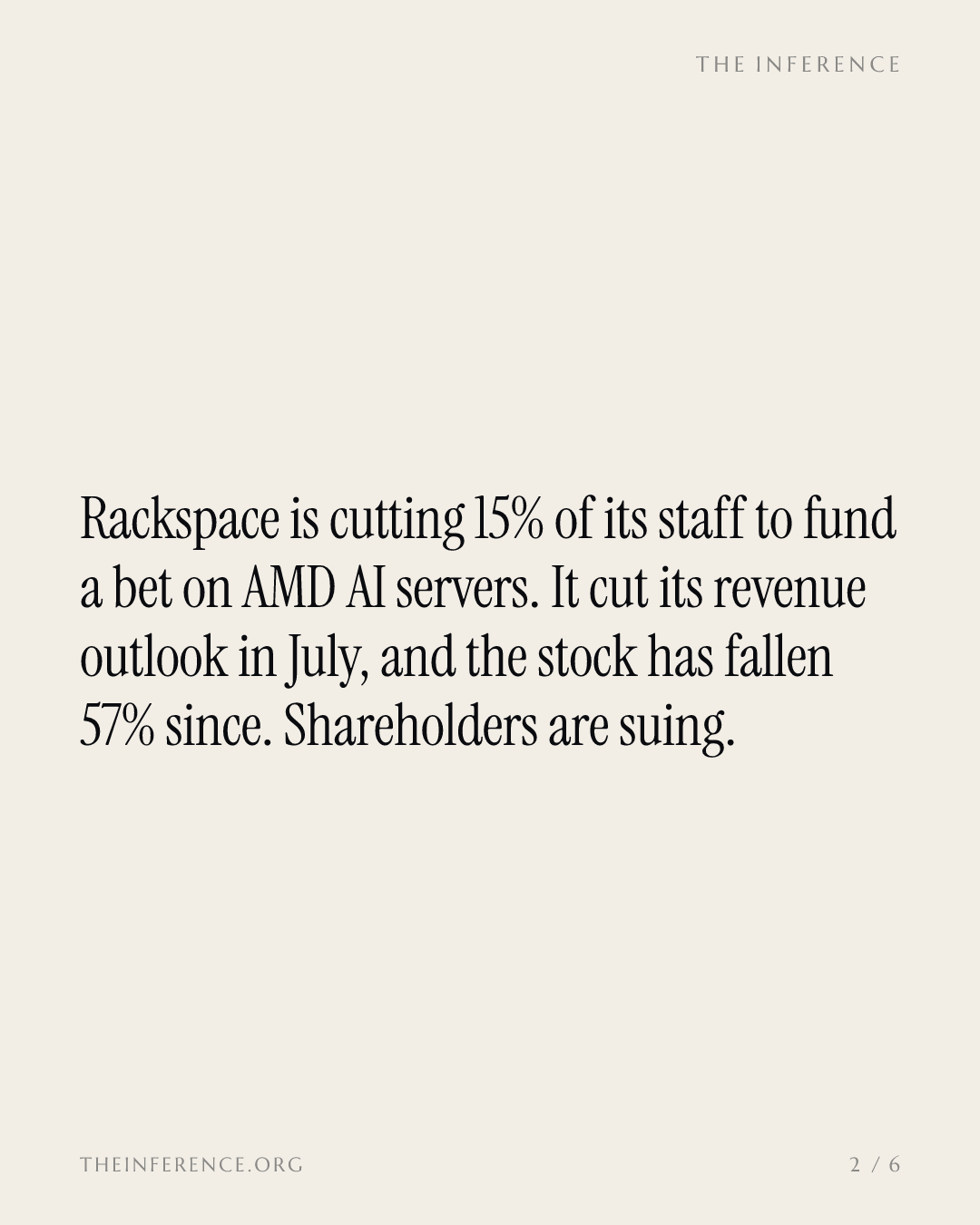 Rackspace cuts 15% of staff to fund its AMD pivot as shareholders sue; the stock is 57% below July — slide 1