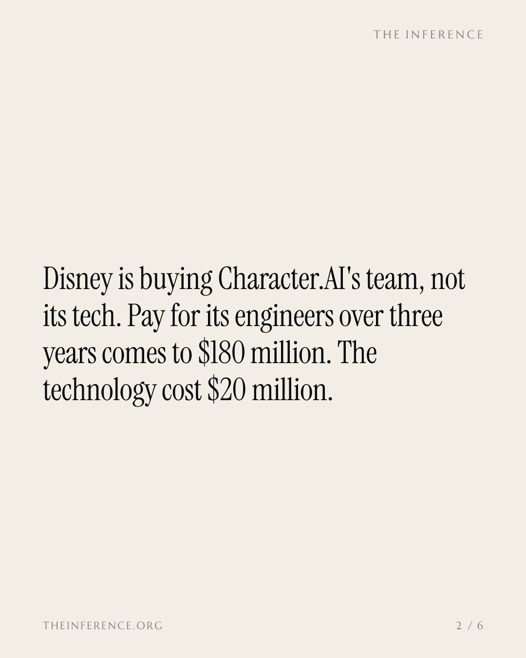 Disney's Character.AI bill: $180 million for the people, $20 million for the tech — slide 1