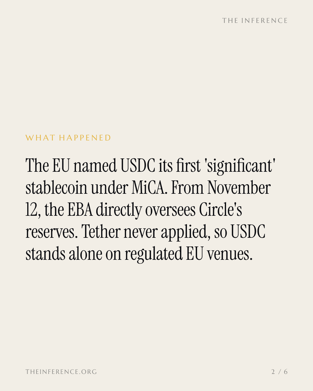 Circle's USDC becomes the EU's first 'significant' stablecoin; EBA oversight starts November 12 — slide 1
