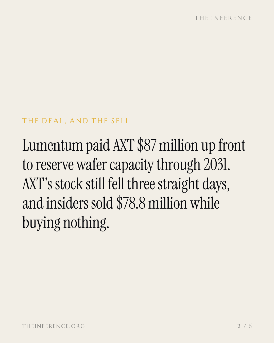 Lumentum prepaid $87 million to lock AXT's chip capacity through 2031; insiders sold $78.8 million — slide 1