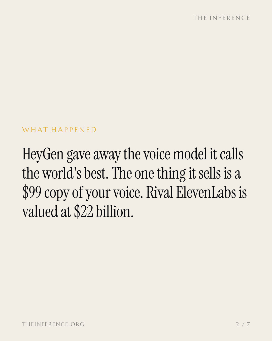 HeyGen gives its voice model away free, charges $99 a month to clone yours; ElevenLabs valued at $22 billion — slide 1
