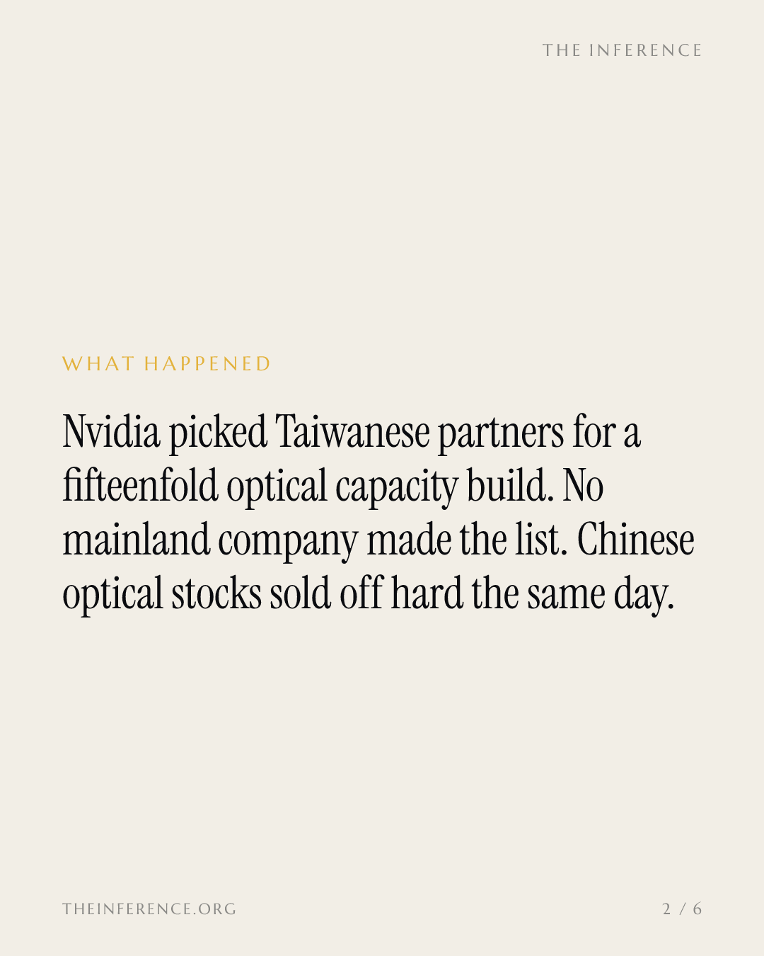 Nvidia names Taiwan, not China, for a 15x optical capacity build; Eoptolink fell 12.3%, Innolight 8.8% — slide 1