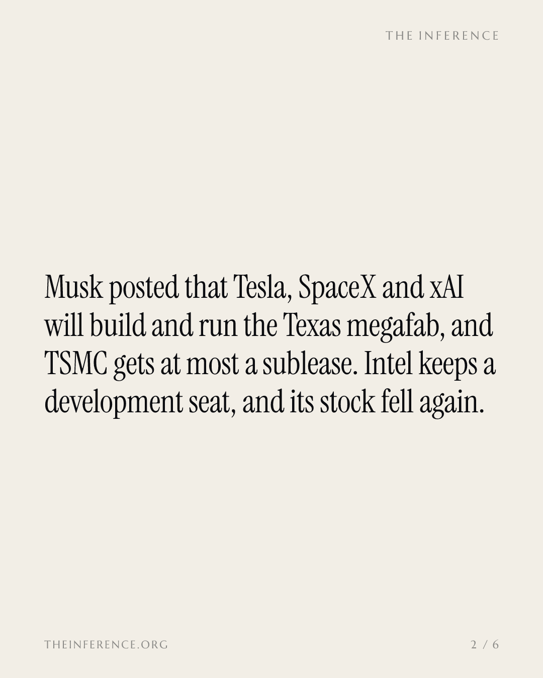 Musk says Tesla and SpaceX will build and run Terafab; TSMC gets at most a sublease and Intel fell 3.2% — slide 1