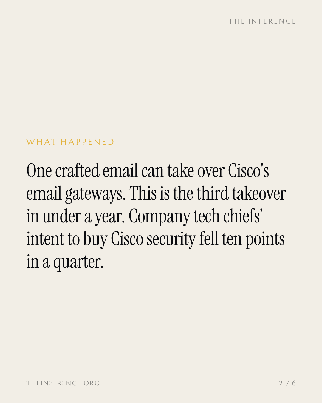 One email takes over Cisco's email gateway a third time as buy intent for its security falls to 47% from 57% — slide 1