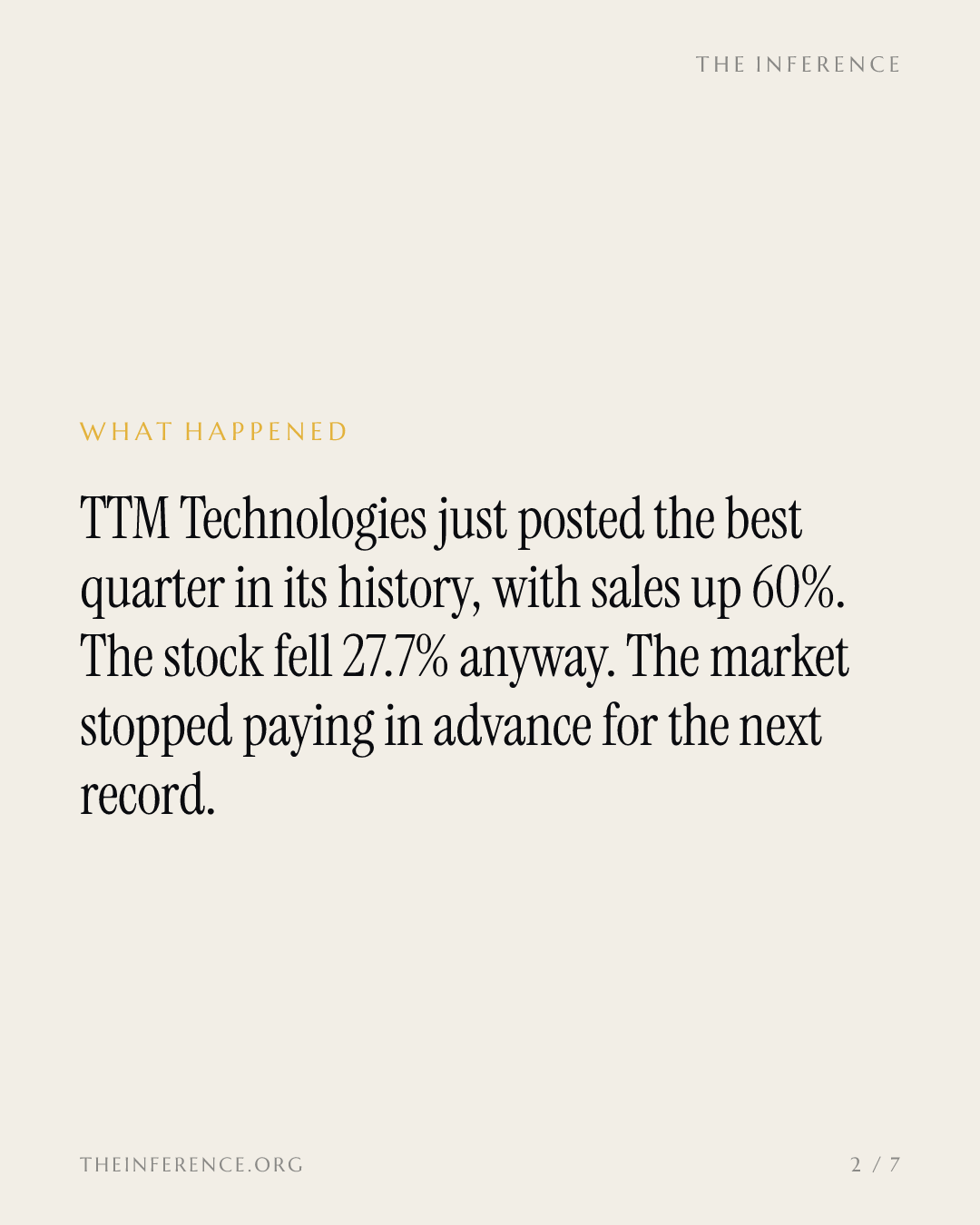 Circuit-board maker TTM Technologies beat every line and still fell 27.7% on its record quarter — slide 1