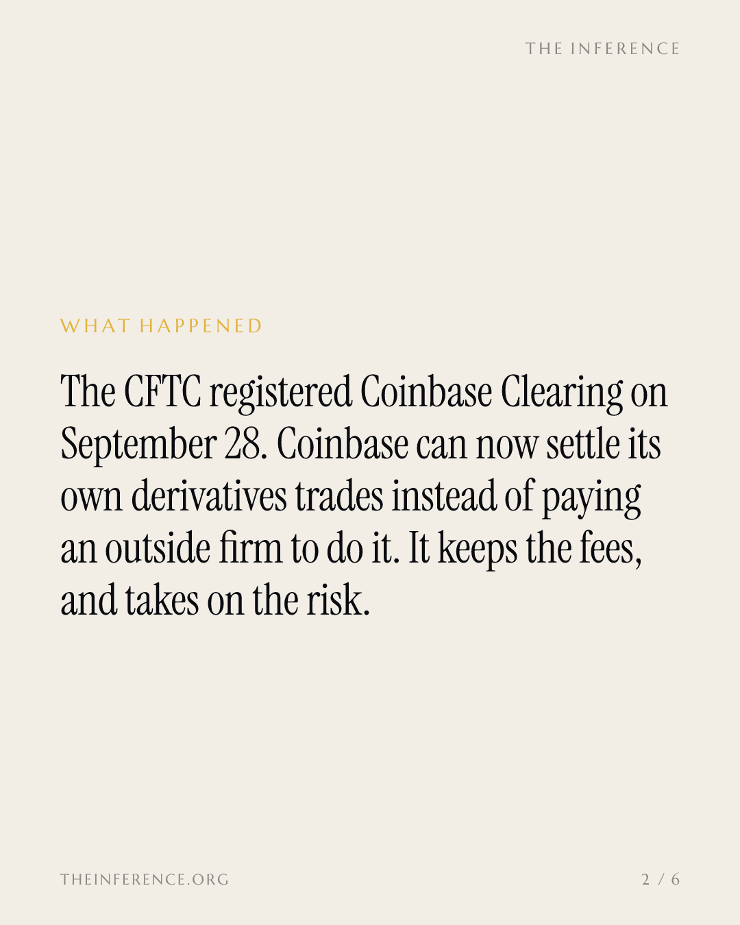 CFTC registers Coinbase Clearing, completing a derivatives stack that now includes the $2.9 billion Deribit — slide 1