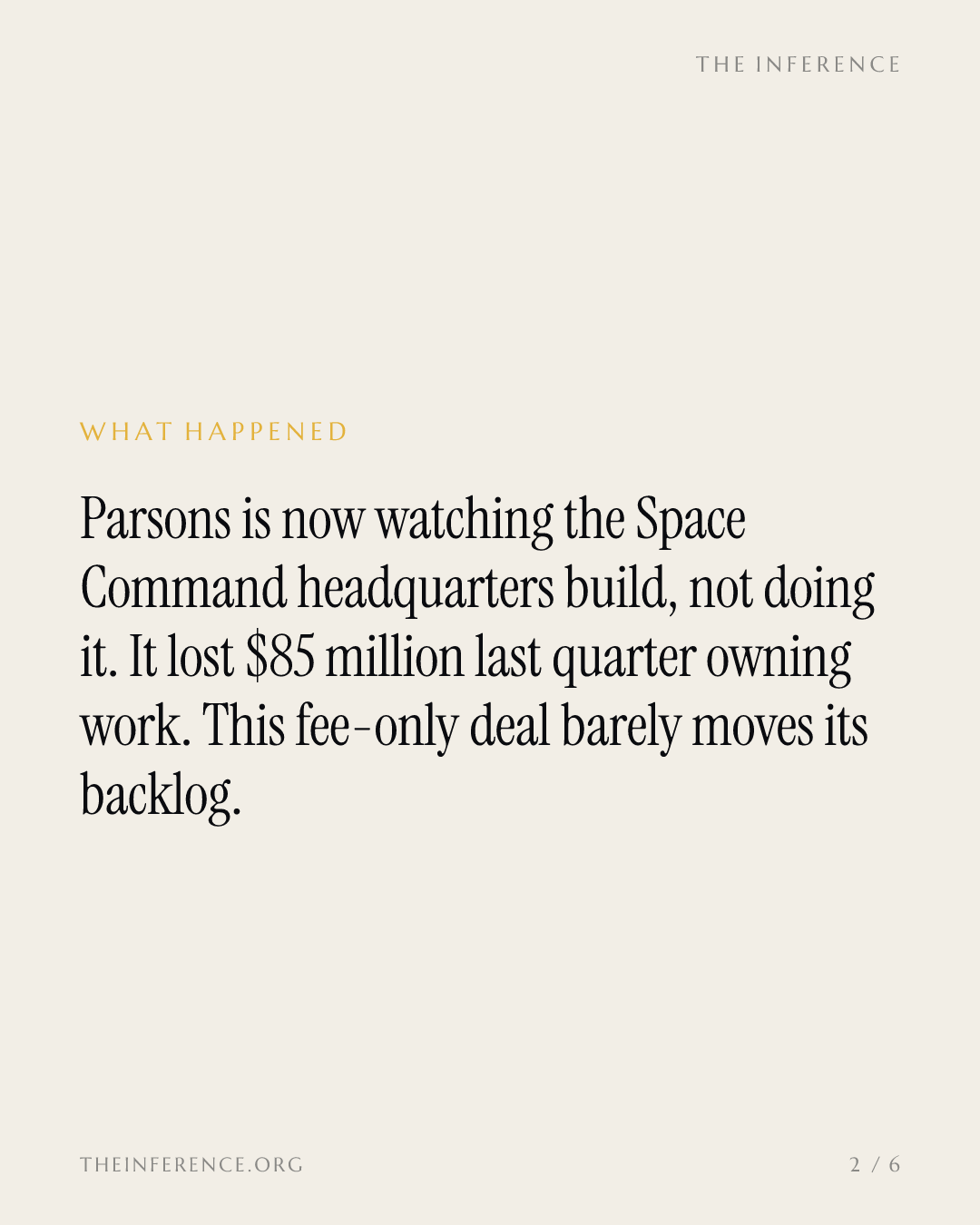 Parsons wins $85 million to supervise, not build, Space Command's campus after its $15 million loss quarter — slide 1