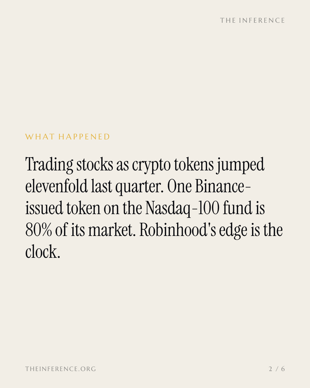 Binance's token on the Invesco QQQ is 80% of its tokenized-stock trading; Robinhood trades 59% after hours — slide 1