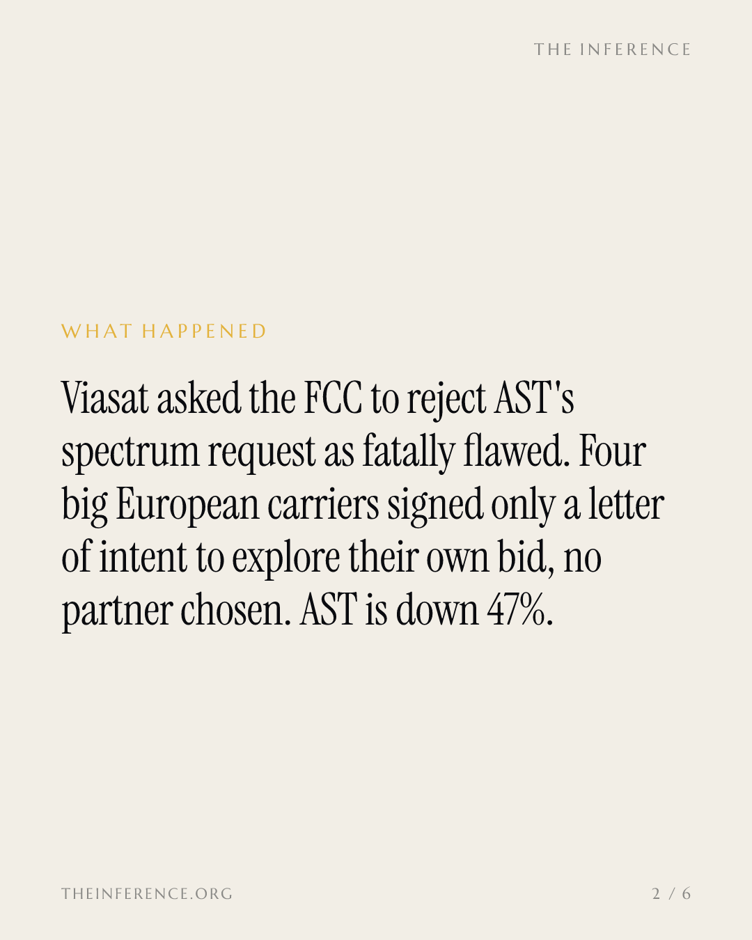 AST SpaceMobile, down 47% this year, faces a Viasat FCC objection and four carriers weighing their own bid — slide 1