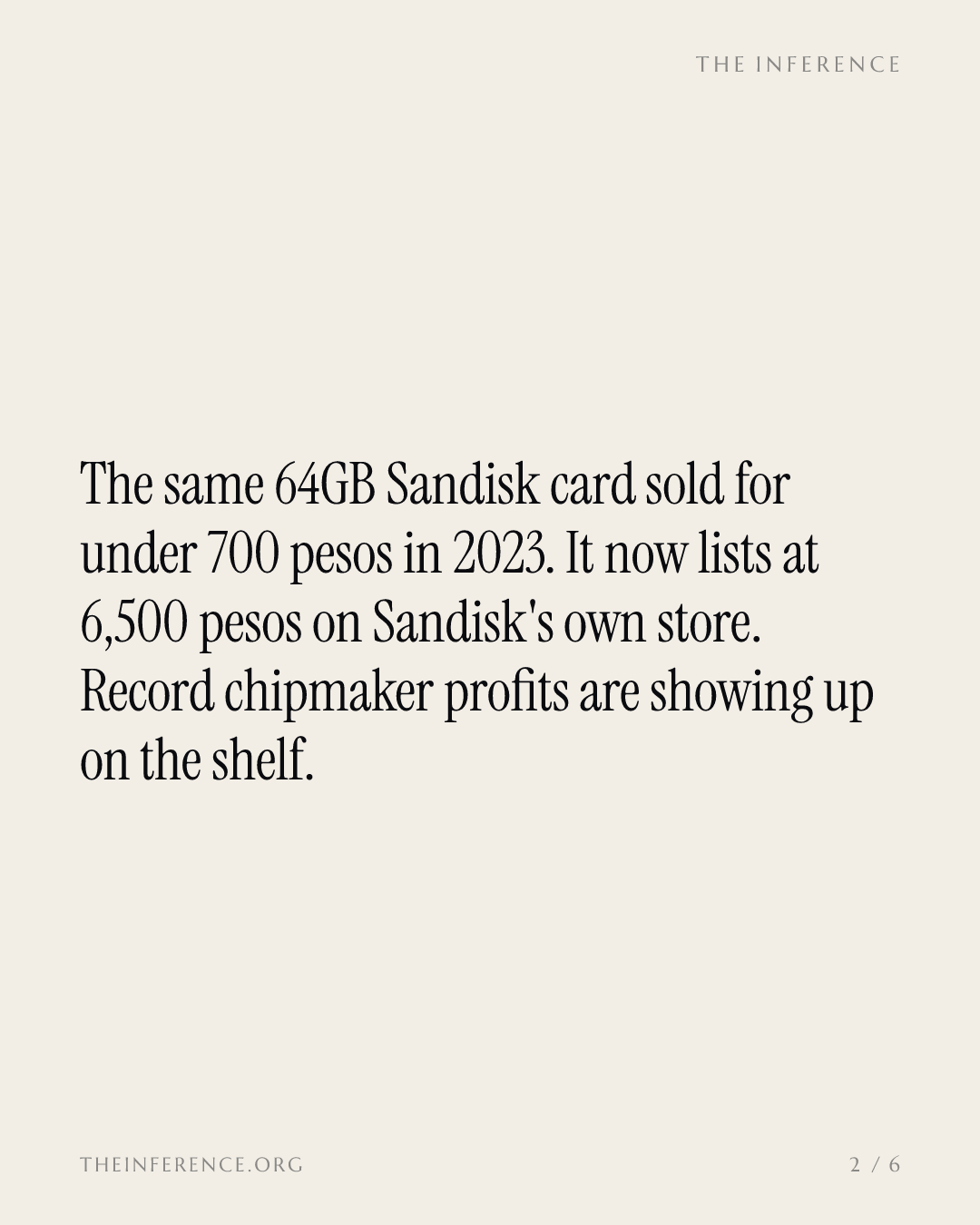 A Sandisk SD card lists at 6,500 pesos, nine times its 2023 price, as Nanya posts an 85.7% margin — slide 1