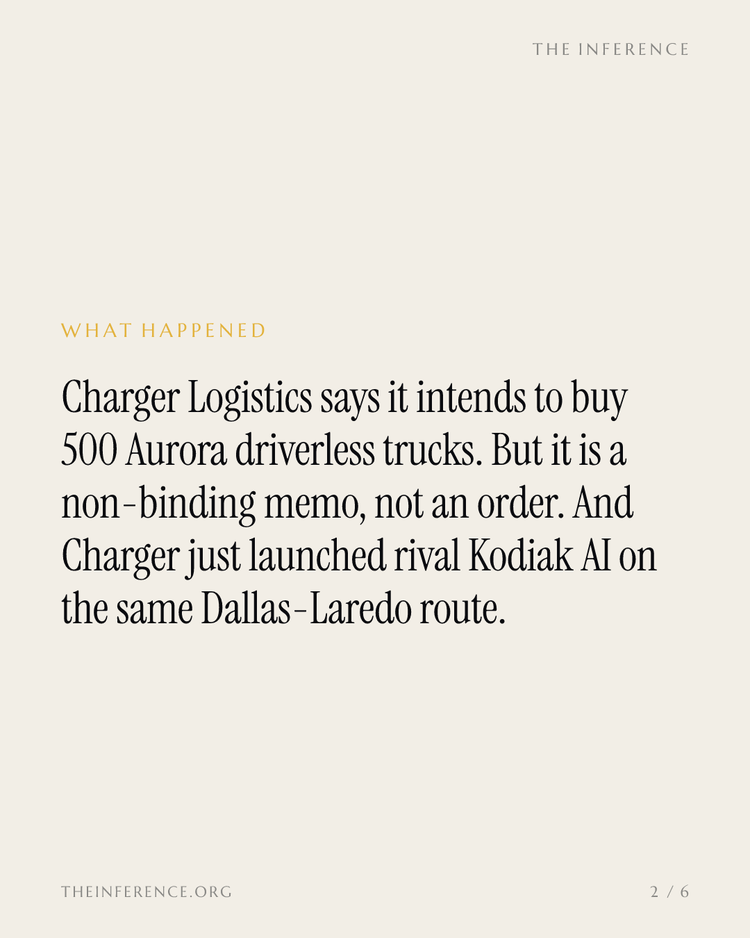 Aurora's 500-truck Charger Logistics deal is non-binding, and the carrier also runs rival Kodiak — slide 1